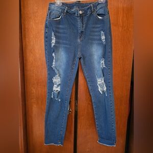 SHEIN Dark Blue High Rise Distressed Denim Jeans